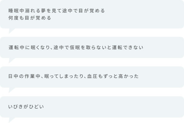 睡眠中溺れる夢を見て途中で目が覚める／何度も目が覚める／運転中に眠くなり、途中で仮眠を取らないと運転できない／日中の作業中、眠ってしまったり、血圧もずっと高かった／いびきがひどい
