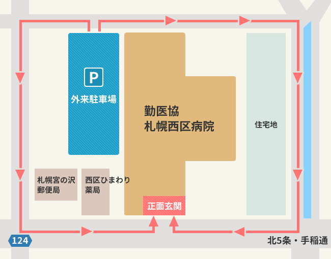 駐車場から正面玄関までの順路です